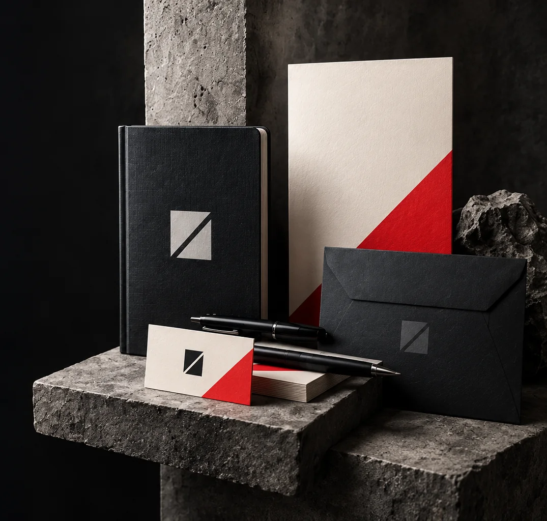 Illustrative black, white and red brand identity applications