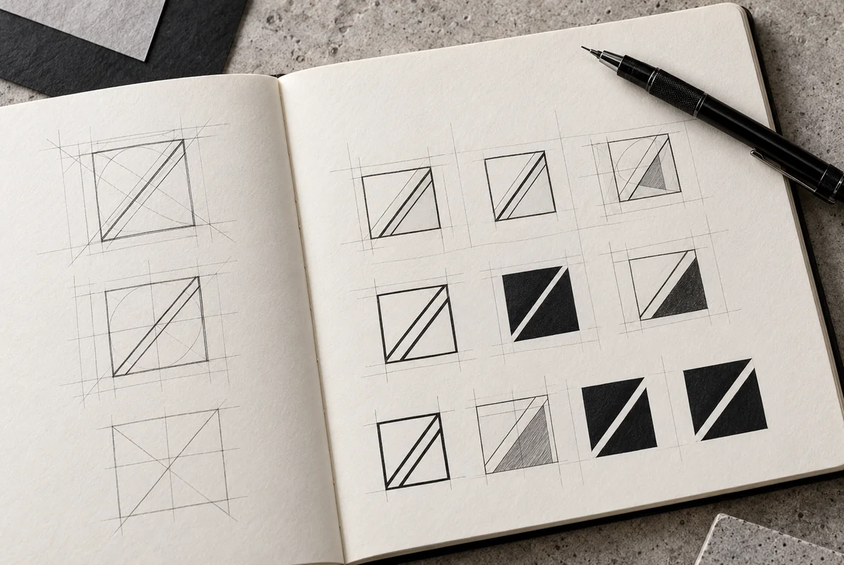 Sketchbook exploring geometric logo concepts