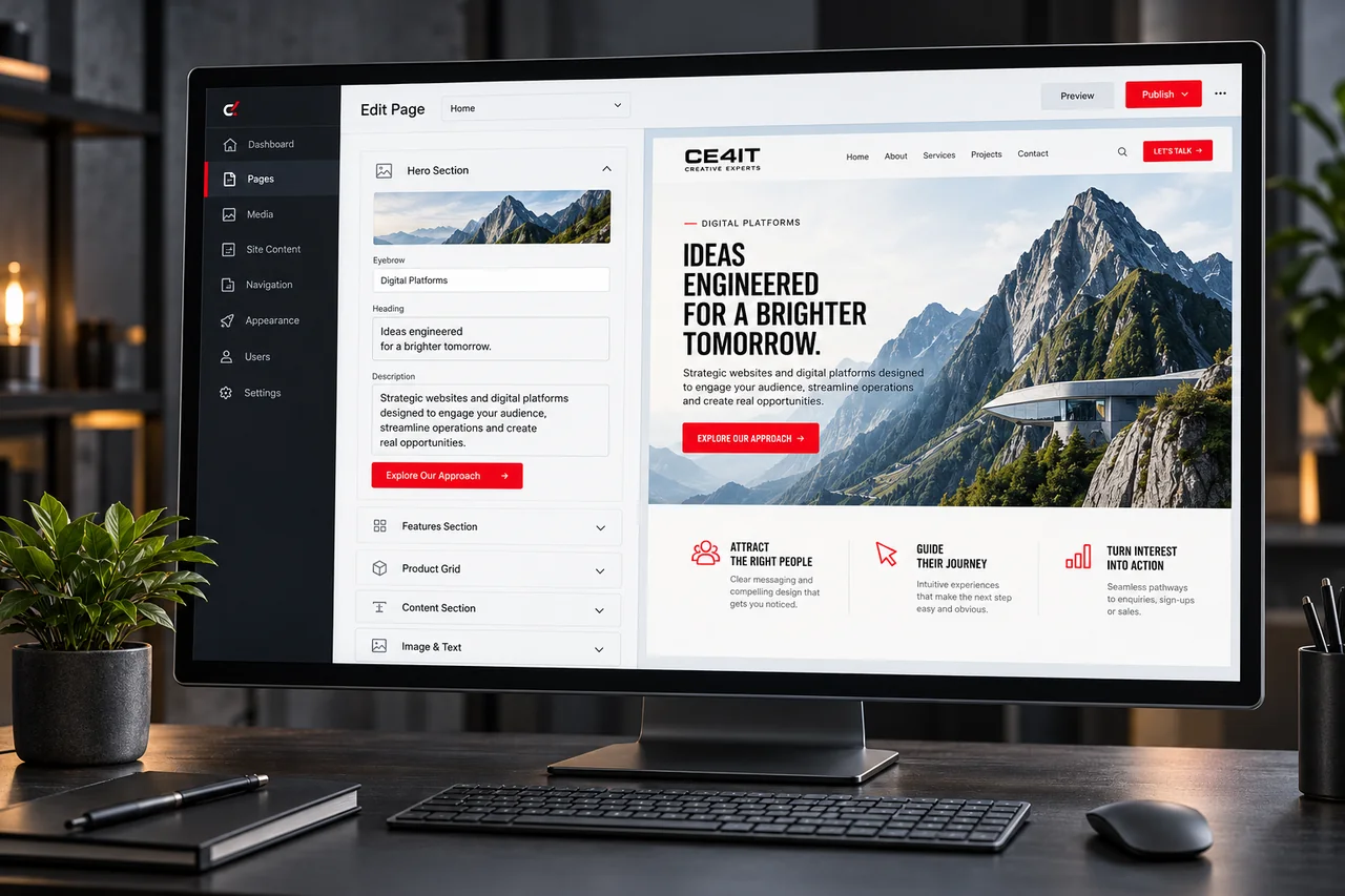 Illustrative website content management and page editing interface