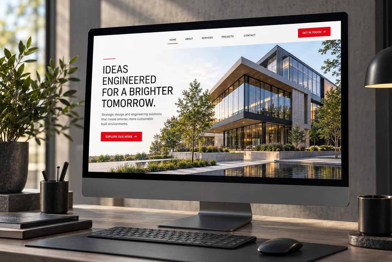Illustrative corporate website displayed on a desktop monitor