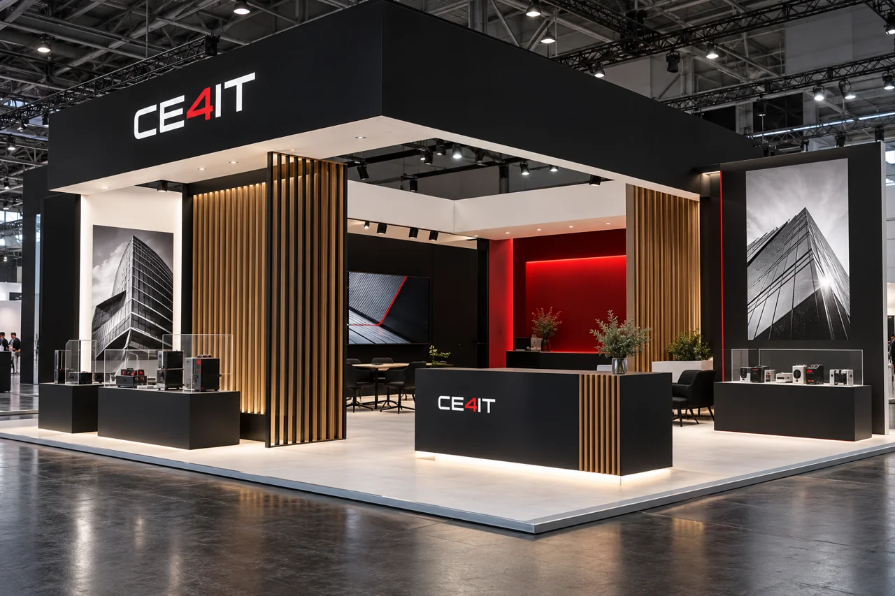 تصوّر توضيحي لجناح معرض CE4IT يشمل الاستقبال وعرض المنتجات ومنطقة لقاء