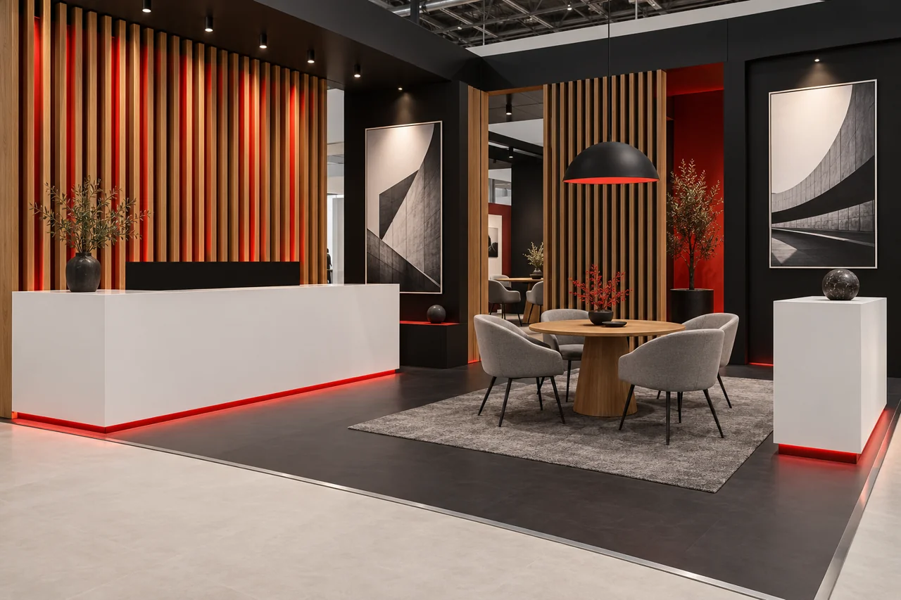 Exhibition interior showing reception, seating, lighting and display surfaces