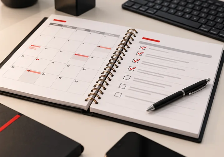 Maintenance calendar and action checklist illustrating monthly IT support