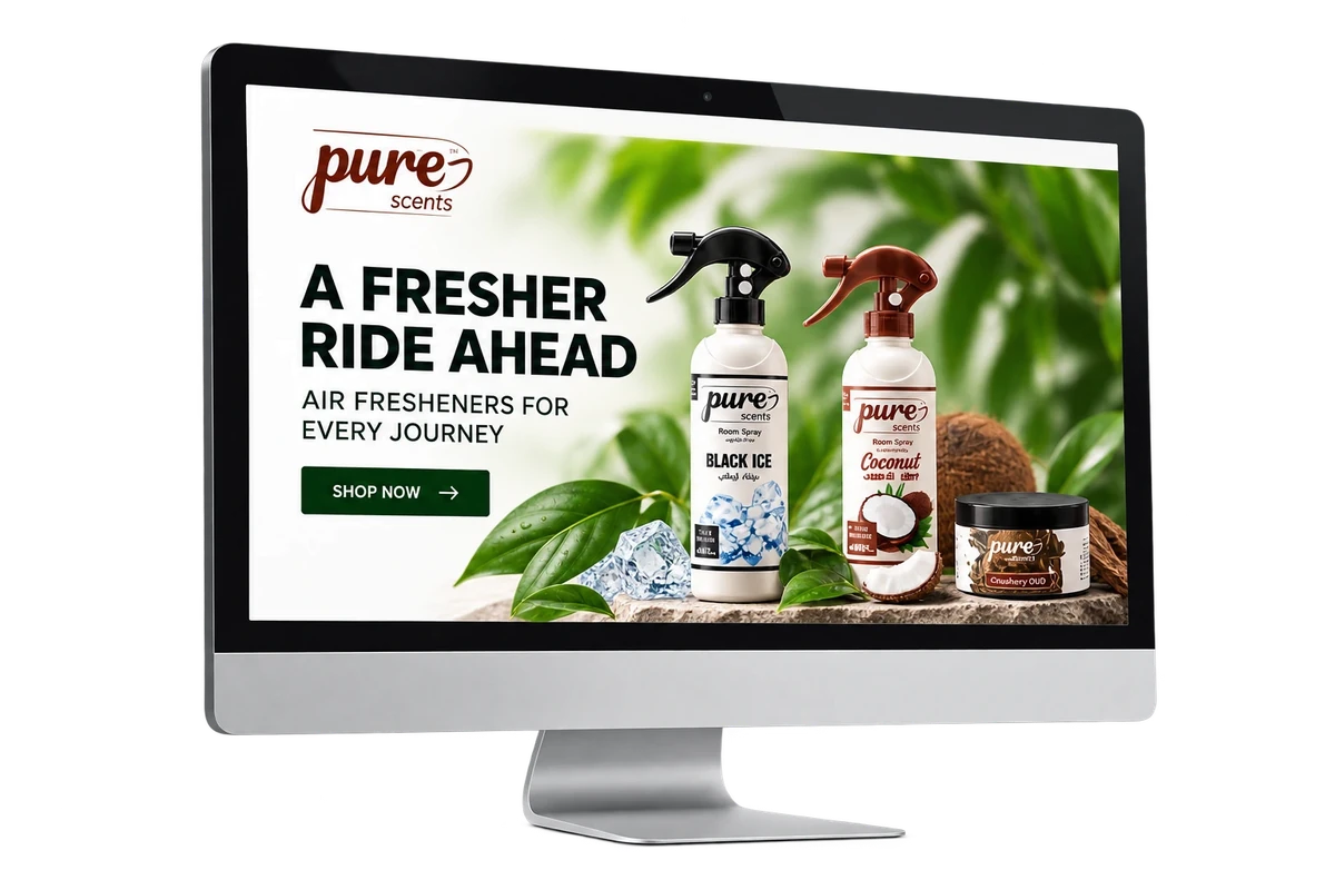 Pure Scents online store displayed on a desktop monitor