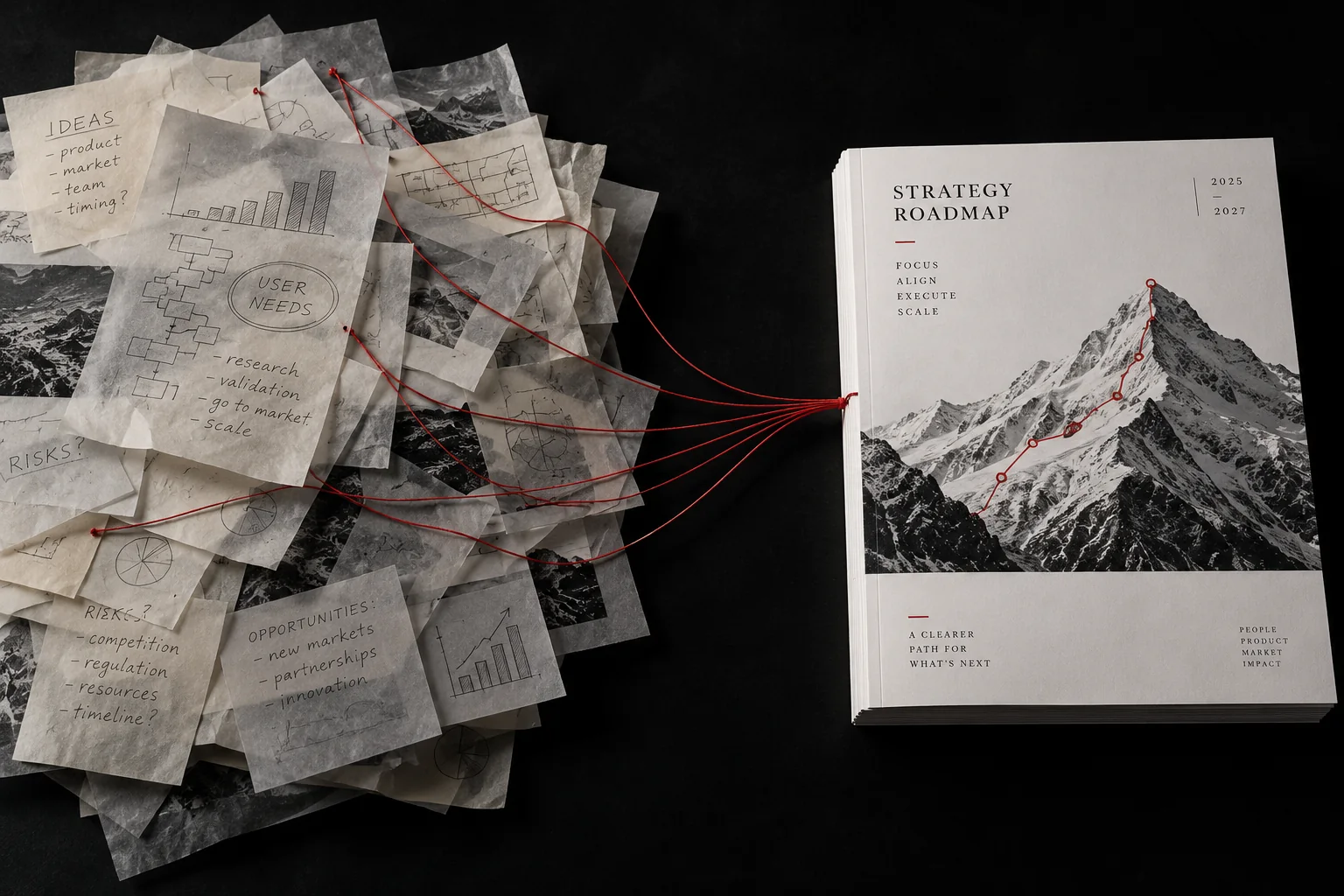 Illustration of scattered research being organized into a strategy document