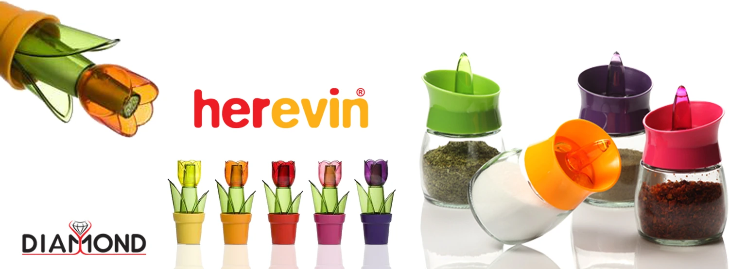 Herevin juice bottles and spice containers in multiple colours