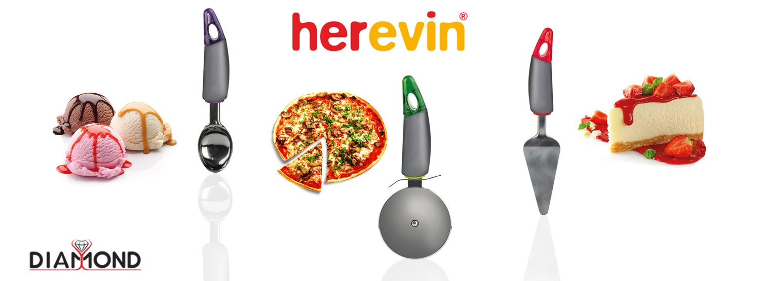 Herevin kitchen utensils including pizza cutter and serving tools