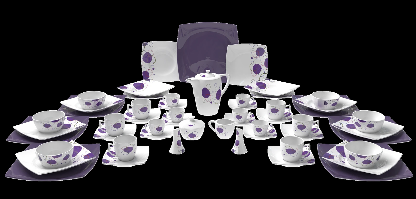Purple-patterned porcelain dining set photographed for Diamond