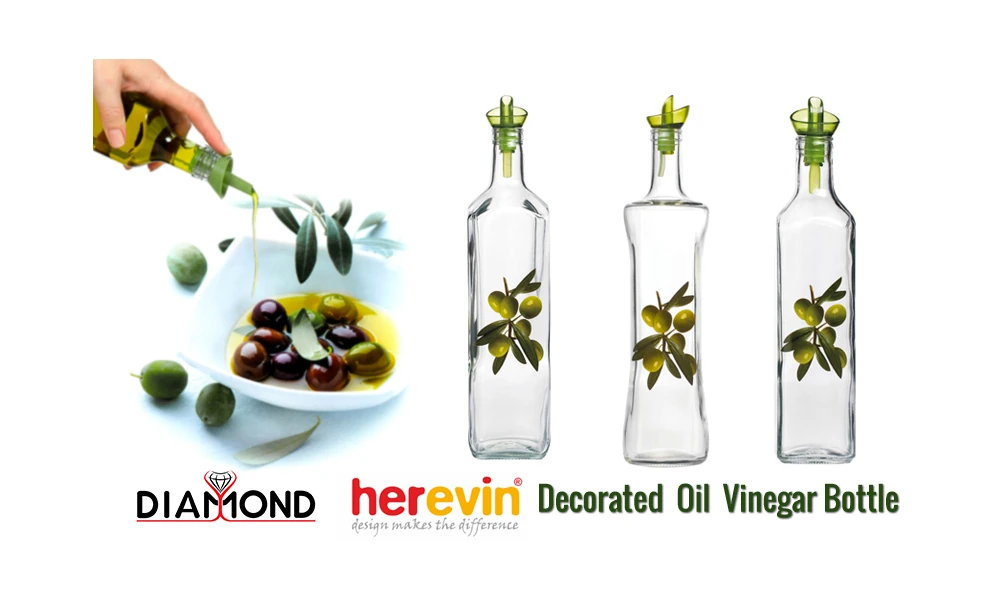 Diamond social post featuring decorated Herevin oil and vinegar bottles