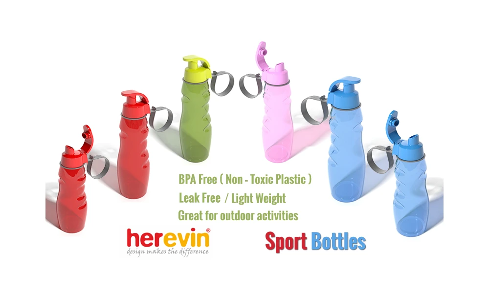 Herevin sports bottle advert highlighting BPA-free plastic and lightweight construction