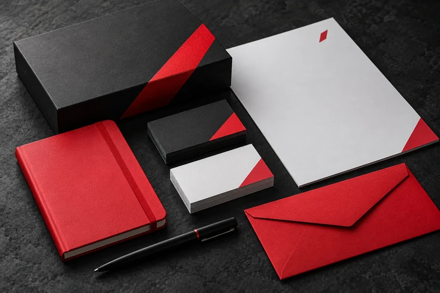 Coordinated red and black stationery illustrating brand identity design