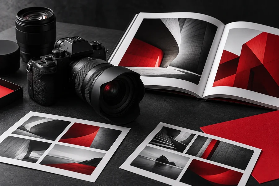 Camera, catalogue and screen illustrating content production
