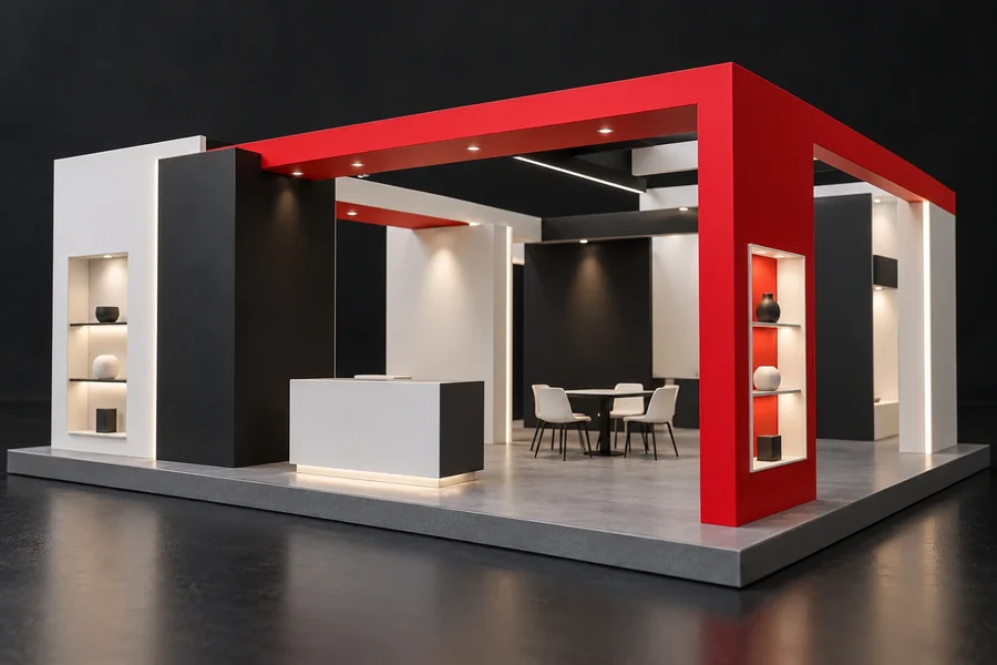 Illustrative red and white exhibition booth concept