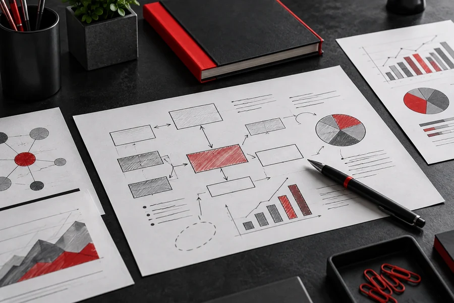 Research documents and diagrams illustrating business planning